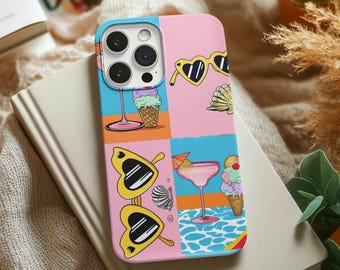 May include: A colorful phone case with a summer theme. The case features a grid design with illustrations of heart-shaped sunglasses, ice cream cones, cocktails, and seashells. The case is pink and blue.