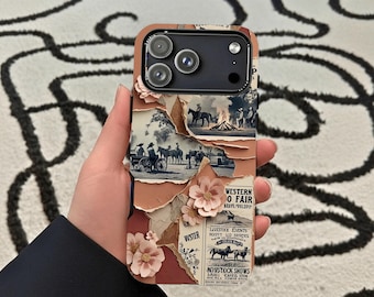 Funda rígida de rodeo vaquera del oeste: funda vintage para iPhone con póster rústico y estética floral. Protector de teléfono, regalo de vaquera, estilo campestre.
