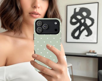 Minimal Polka Dot iPhone Case, Mint and white Simple Aesthetic Phone Cover, Classic Cute Everyday Design