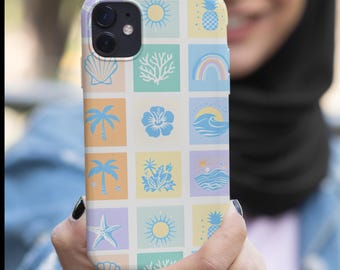 May include: A pastel-colored phone case featuring a grid of tropical-themed illustrations. The design includes images of a seashell, coral, sun, rainbow, palm trees, hibiscus flower, waves, starfish, and a pineapple. The case is designed for a smartphone.
