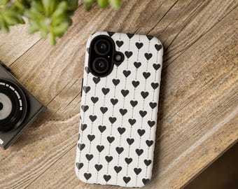 Stylish Phone Case with black Heart Design, Cute Phone Cover, Gifts for Her, Valentine's Day Accessories, Trendy Smartphone Case