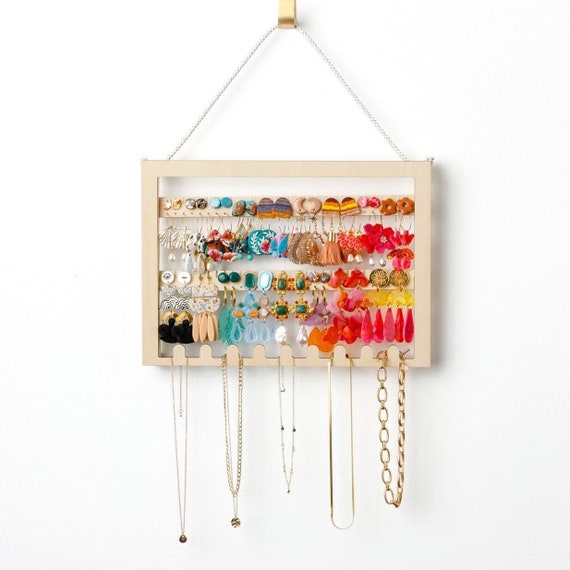 MISSLO Hanging Jewelry Organizer 40 Pockets Closet Necklace and Earring  Holder with Rotating Hanger Storage Bag, Beige - Walmart.com