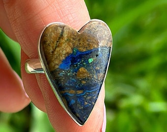 Size 6, Boulder Azurite, Heart ring, Sterling Silver, Ring