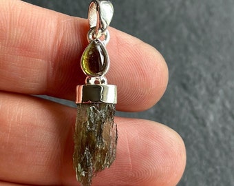 High Vibrational! Genuine Czech Moldavite and Peridot 925 Solid Sterling Silver Pendant Necklace