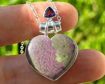 Amethyst, Stichtite, Heart, Pendant, Necklace, In Sterling Silver