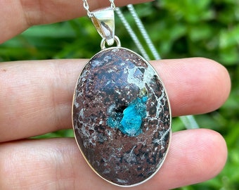 Cavansite Pendant, 925 Silver, Natural Blue Crystal Necklace, Sterling Silver Jewelry