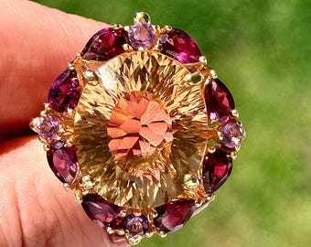 32 Ct Concave Cut  Citrine, Amethyst,Rhodolite Garnet Ring, 925 Sterling Silver, White Gold Plate, Size 7.5