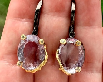 36 Ct Fancy Ametrine Topaz Gemstone Dangle Earrings, Black Rhodium 925 Sterling Silver