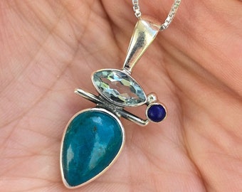 Peruvian Opalina, Blue Topaz, Lapis Lazuli, Sterling Silver, Pendant, Necklace, Silver Chain