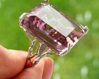 ¡Impresionante! Anillo de ametrino de 67 quilates, plata de ley 925, baño de oro blanco, talla 8.5.