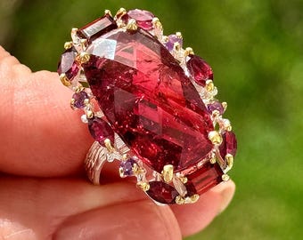 12 Ct Red Tourmaline Garnet Amethyst Gemstone Halo Ring Gold Plated 925 Sterling Silver, Size 7.5  OOAK