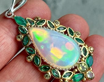 Fancy 12 Ct Flashy Natural Ethiopian Fire Opal Peridot Green Onyx Sterling Silver Teardrop Pendant Necklace