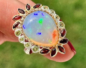 9 Ct Pin Fire Ethiopian Welo Opal Ring, Statement Jewerly, Gold Plated Sterling Silver, Multi Stone Halo Size 8