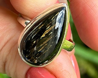 Natural, Sparkling Greenland Nuummite, 925 Sterling  Silver, Ring Size 9