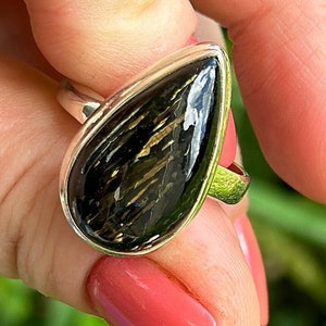 Natural, Sparkling Greenland Nuummite, 925 Sterling  Silver, Ring Size 9