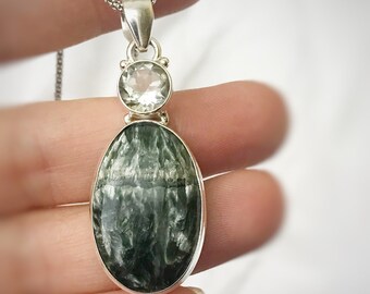 Seraphinite Serafina Green Chlorite necklace natural stone pendant Witch spiritual silver gothic jewellery statement jewelry magic