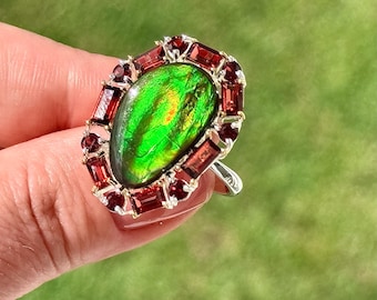 Canadese ammoliet Rhodoliet-granaat statement sieraden 925 sterlingzilver iriserende edelsteen maat 7,5