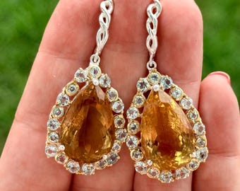 Huge 70 Ct Citrine Topaz Gemstone Dangle Halo Statement Earrings, 925 Sterling Silver Gold Plated Drops