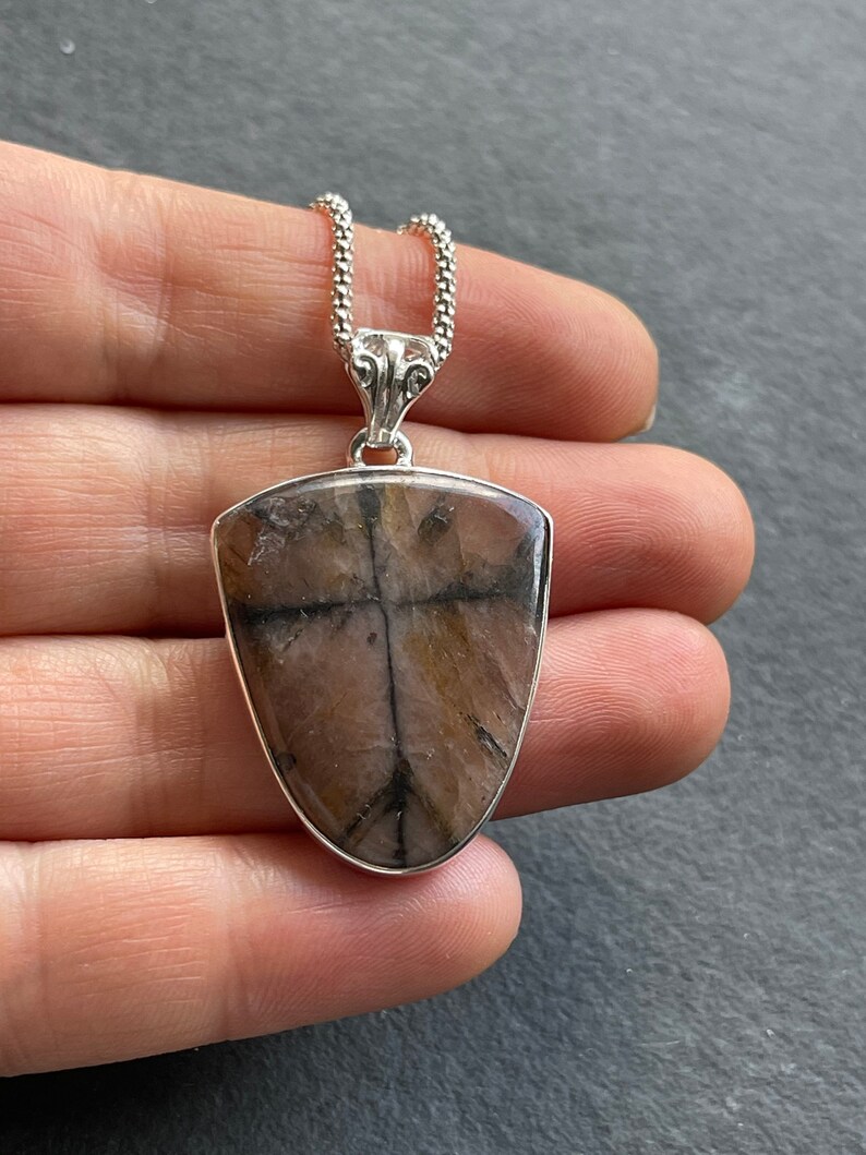 Cross Stone solid sterling silver pendant necklace Natural Unique Chiastolite
