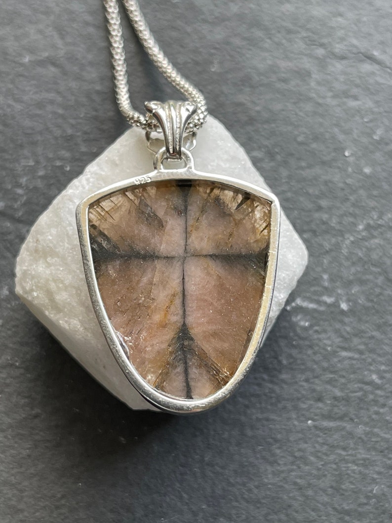 Cross Stone solid sterling silver pendant necklace Natural Unique Chiastolite