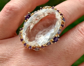 Large Quartz Tanzanite Topaz Gemstone Halo Ring, Sterling Silver Gold Plated Cocktail Ring OOAK Size 8