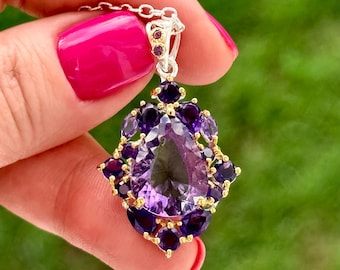 Small Concave Cut Amethyst Pendant Necklace, 925 Sterling Silver, 14K Gold Plated