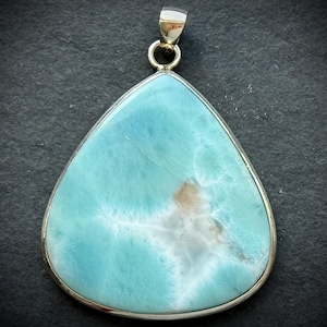 Statement Natural Dominican Larimar Pendant, Thick Solid 925 Sterling Silver,  One-of-a-Kind Ocean Stone