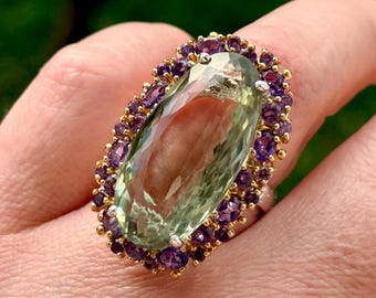 38 Ct Huge Green Amethyst Gemstone Halo Ring, Size 8, Gold Plated Sterling Silver