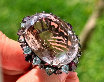 Huge 60 Ct Ametrine Statement Cocktail Gemstone Halo Ring, 925 Sterling Silver, Black Rhodium Plated Size 9.25