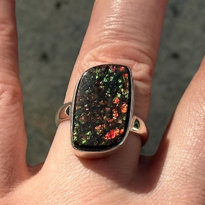 Size 9, Green Orange  Ammolite, Sterling Silver, Ring, Canadian Ammolite Ring