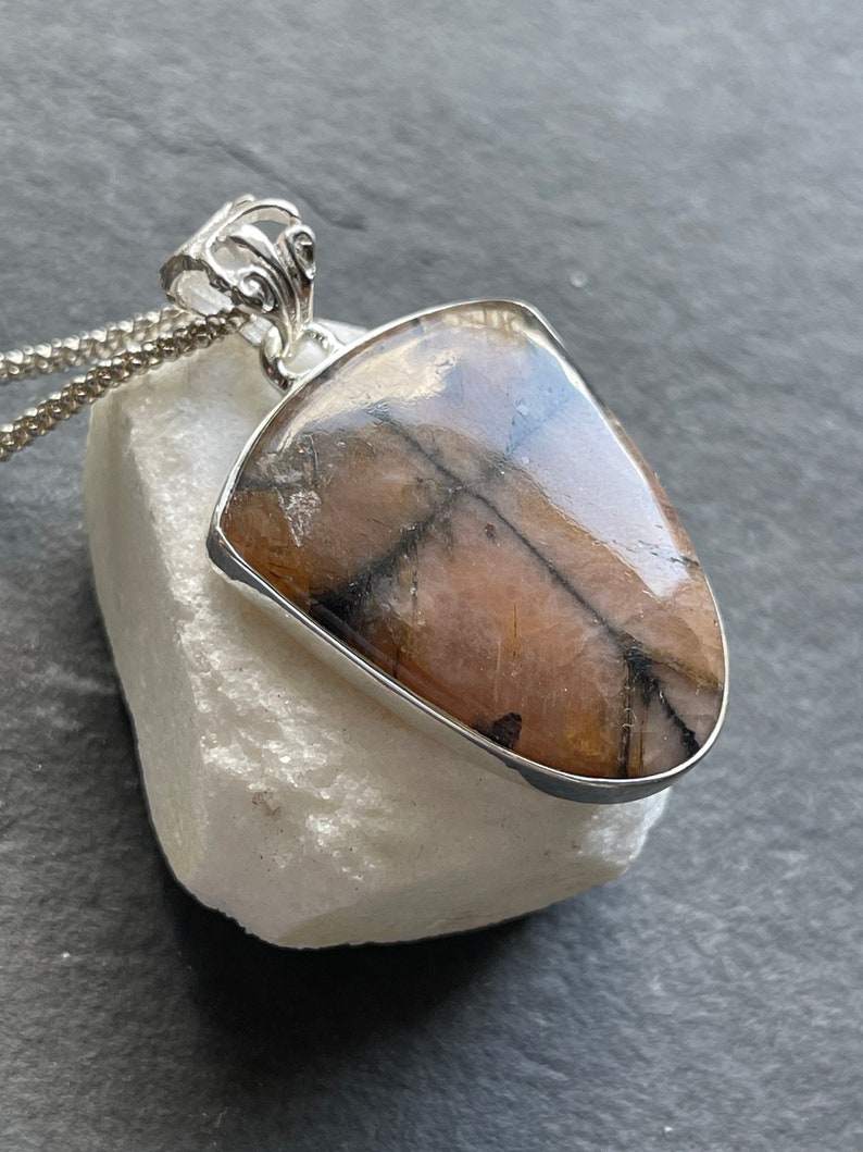 Cross Stone solid sterling silver pendant necklace Natural Unique Chiastolite
