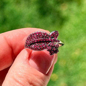 Delicate Ruby Pave Ring Sterling Silver White Gold Plated Statement Ring Size 7