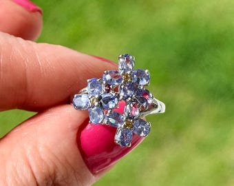 Tanzanite  and Citrine Flower Ring, 925 Sterling Silver, Size 8