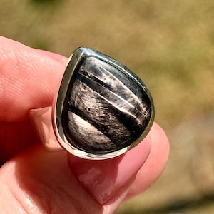 Peut inclure: Bague en forme de goutte d'eau avec une pierre noire et argentée sertie dans un anneau argenté. La pierre présente un motif strié unique et une finition polie. La bague est présentée sur un fond extérieur flou.