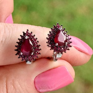 Dainty 0.5" Myanmar Ruby, Diamond Cut Sapphire Earrings, 925 Sterling Silver, White Gold Plate