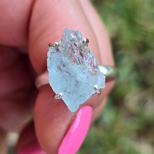 Raw Aquamarine Sterling Silver Ring - Size 8 1/4 - Handcrafted
