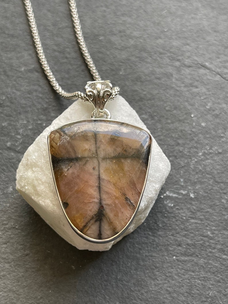 Cross Stone solid sterling silver pendant necklace Natural Unique Chiastolite