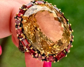 Huge 55 Ct Citrine, Rhodolite Garnet Gemstone Halo Ring, 925 Sterling Silver Black Rhodium Size 8