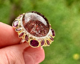 Anillo de cuarzo jardín, lodolita, rodolita y granate, plata de ley 925, chapado en oro, talla 8