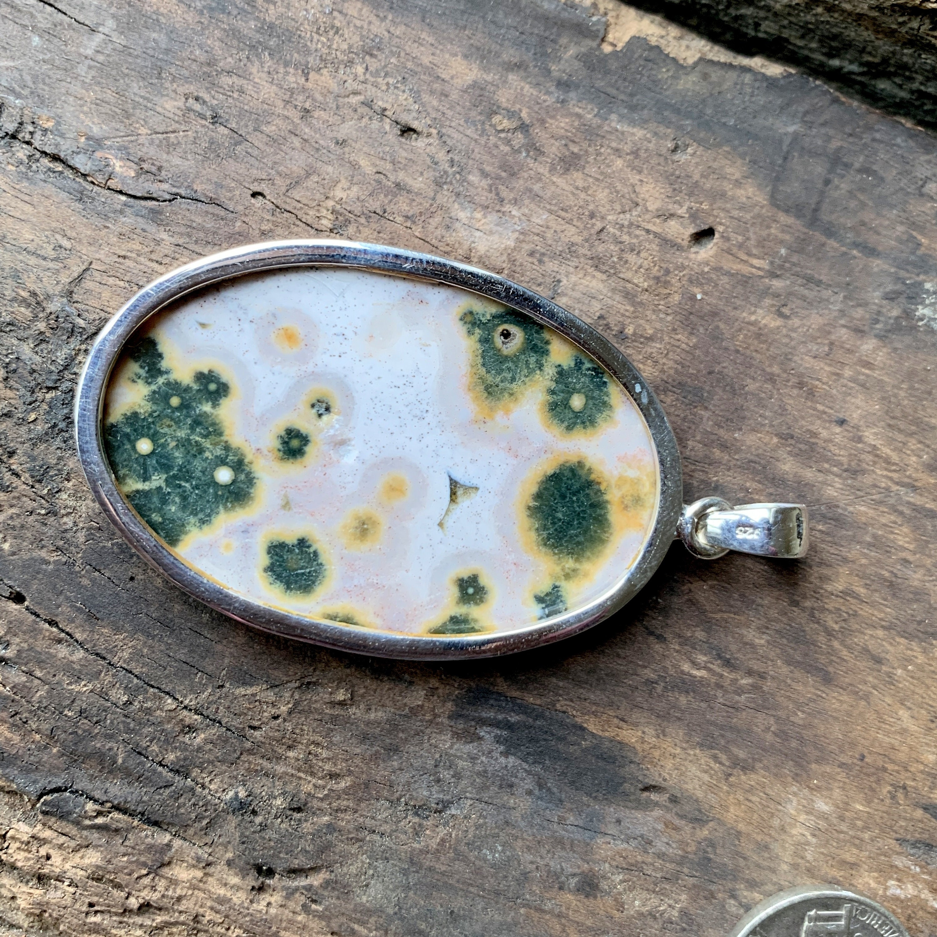 Pendentif Artisanal En Argent 925 Et Ocean Jasper Naturel - Longueur 3,5 Pouces - Neuf