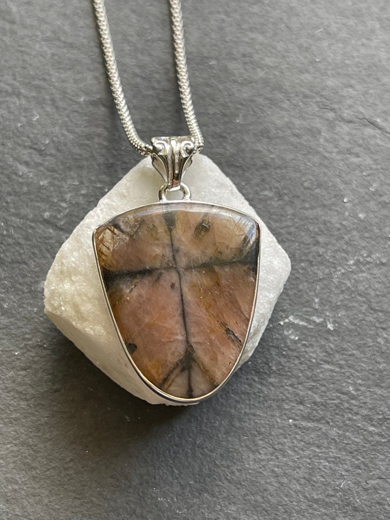 Cross Stone solid sterling silver pendant necklace Natural Unique Chiastolite