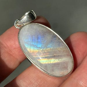 Rainbow Moonstone Pendant, Oval Cut, Sterling Silver, Flashy Blue Gemstone