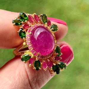 Anillo de rubí natural y diópsido de cromo, plata de ley 925, talla 8.5, chapado en oro.