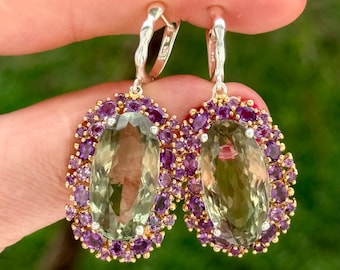 Fancy Green Amethyst Gemstone Halo Dangle Earrings, 14K White Gold Plate Sterling Silver