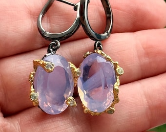 35 Ct Fancy Lavender Quartz Topaz Gemstone Dangle Earrings, Black Rhodium  925 Sterling Silver