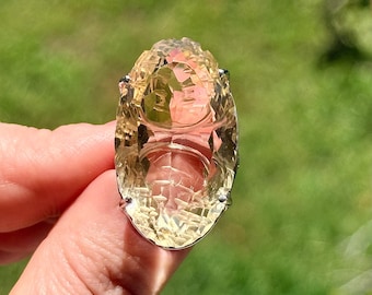 Huge 62 Ct Carved Flower Lemon Quartz Ring, 925 Sterling Silver, Size 7.25