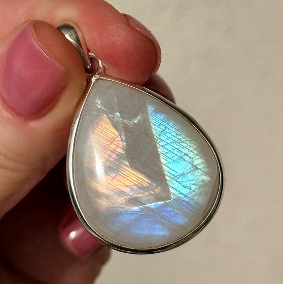 Rainbow Moonstone Pendant, Sterling Silver  Drop Necklace