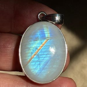 Rainbow Moonstone Pendant, Oval Cut, Sterling Silver, Blue Flash Gemstone, Polished Finish