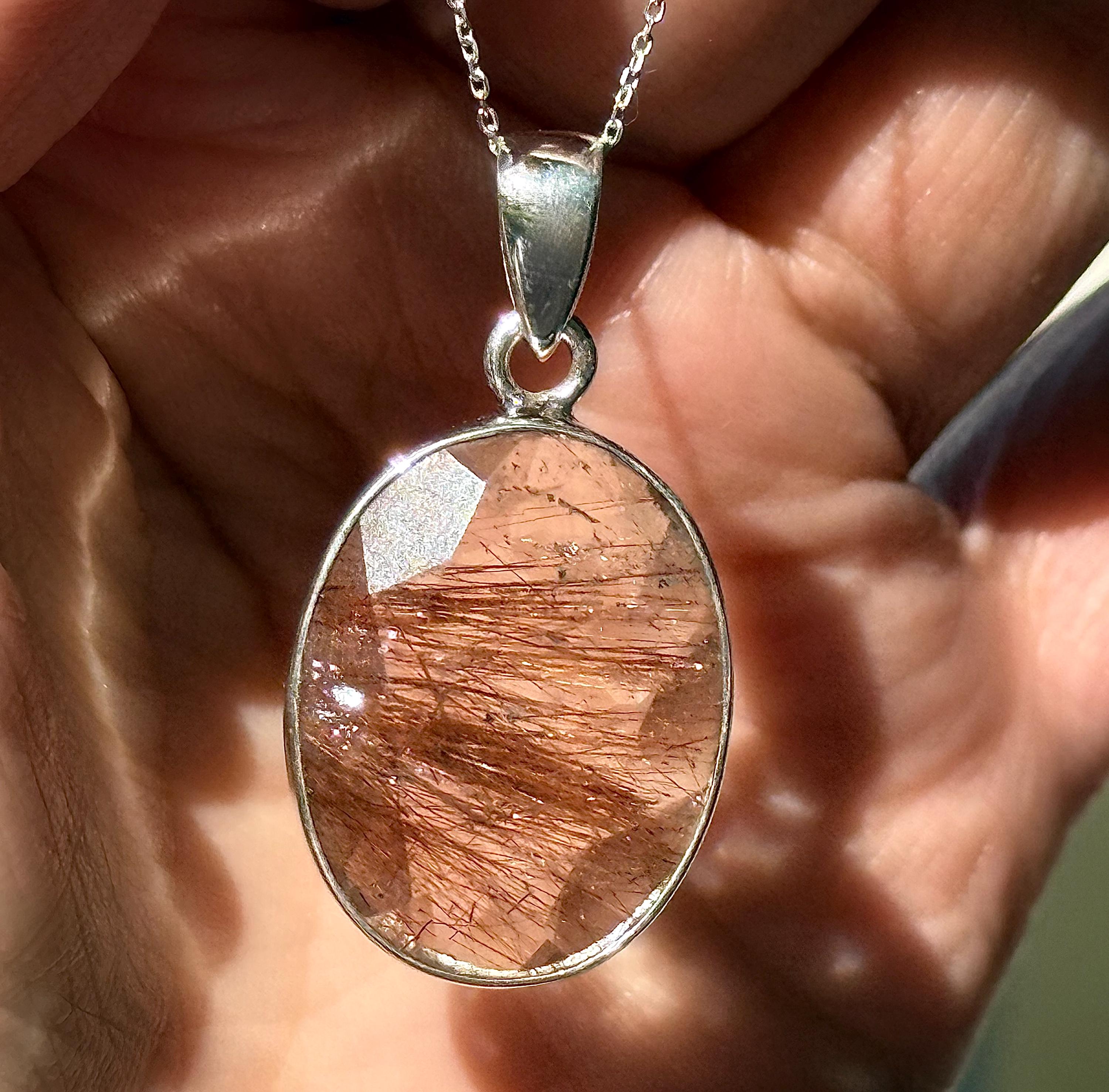Collana In Argento Sterling Con Quarzo Rutilato, Pietre Naturali A Cuscino, Lunghezza 44 Cm, Inclusa Scatola