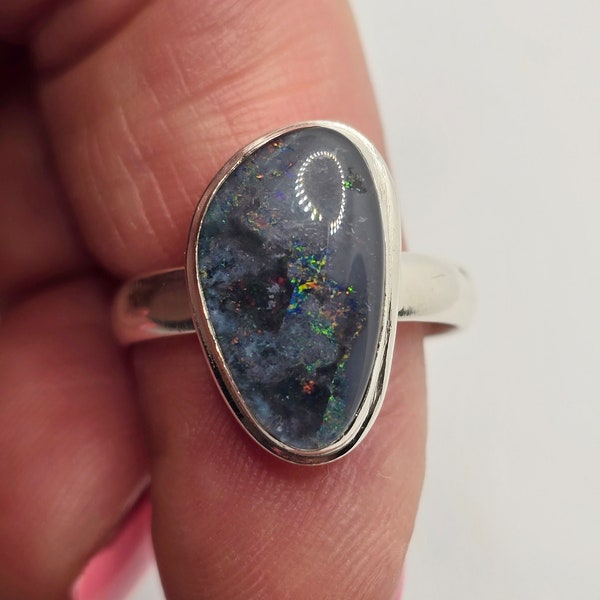 Size 7.5, Natural, Australian Triplet Opal, Sterling Silver, Australian Opal Ring